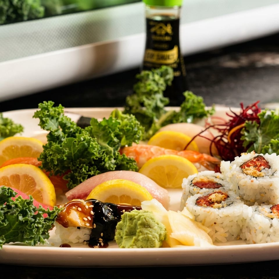 A white platter filled with various sushi, sashimi, lemon slices, and kale on a dark countertop.