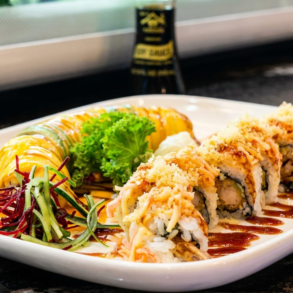 Two sushi rolls, one topped with crispy flakes, on a white plate with soy sauce in the background.