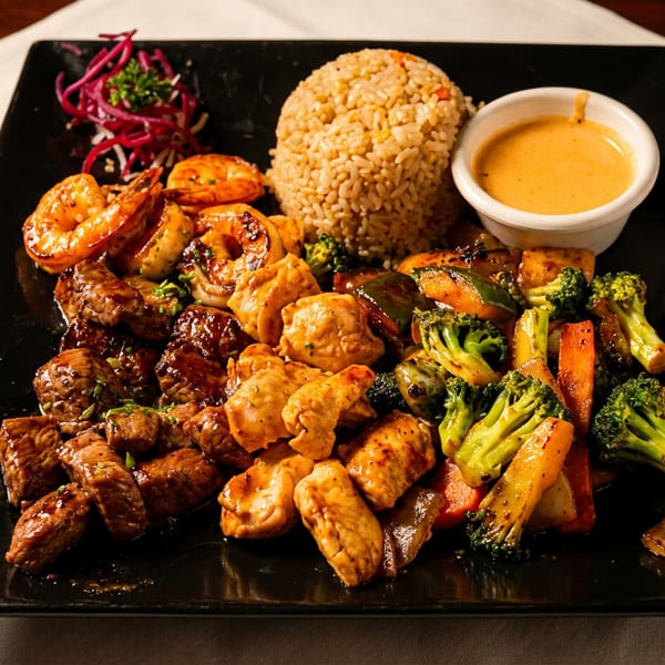 A black plate with grilled shrimp, chicken, steak, fried rice, vegetables, and a side of sauce.