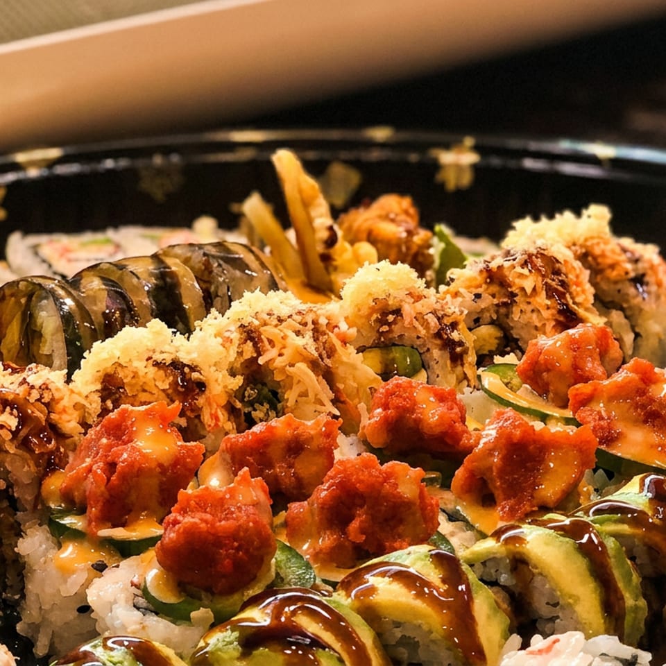 A large platter of assorted sushi rolls, including avocado, spicy tuna, and tempura-fried options.