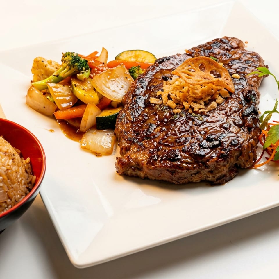 Grilled steak with stir-fried vegetables, garnished with fried onions and lotus root, served with fried rice.