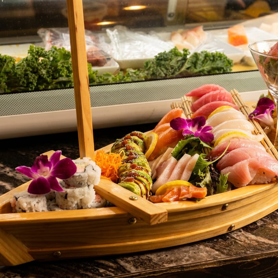 A wooden boat filled with various sushi, sashimi, and rolls, garnished with orchids.